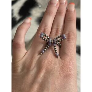 Native American Sterling Silver Purple Fire Opal Navajo Pearl Bow Stretch Ring